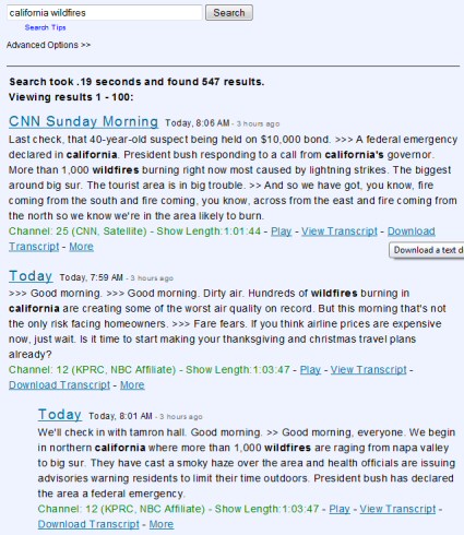 snapstream-tv-search-ca-wildfires SnapStream TV search on \