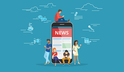 Blue background with illustrated people around large smartphone with a header that says NEWS